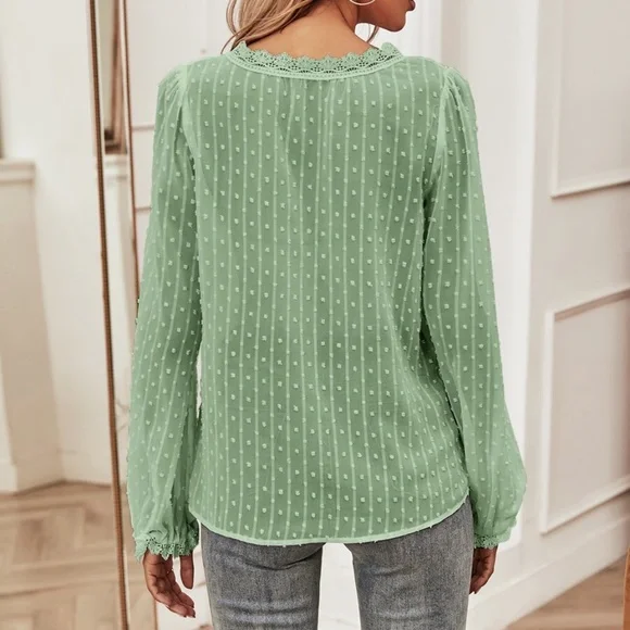 Bohemian v neck swiss dot sheer long sleeve top - Picture 13 of 15